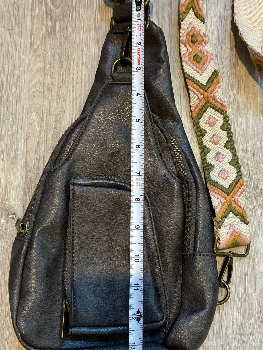 Green Vegan Leather Crossbody Sling Bag with Patterned Strap